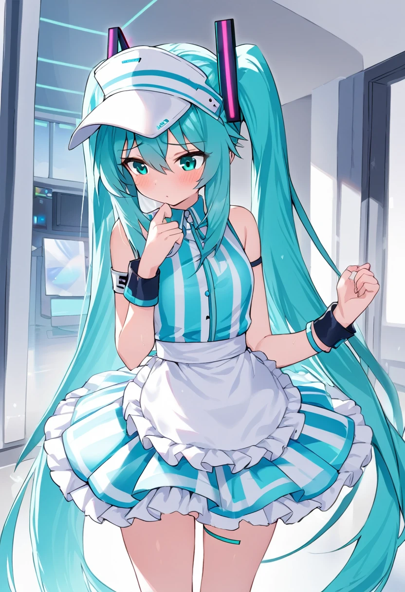 hatunemiku、Mesmerizer、Best Quality, masterpiece1 girl, Alone, Hatsune Miku Blue Striped Dress, Waist Apron Visor Cap, Wrist cuff,