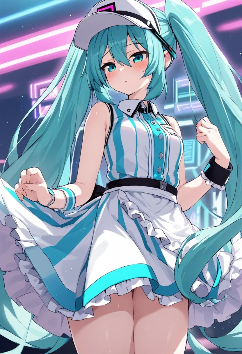 hatunemiku、Mesmerizer、Best Quality, masterpiece1 girl, Alone, Hatsune Miku Blue Striped Dress, Waist Apron Visor Cap, Wrist cuff,