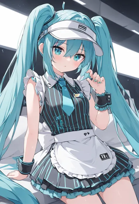 hatunemiku、mesmerizer、best quality, masterpiece、one girl, alone, hatsune miku、blue vertical striped dress, waist apron、visor cap...