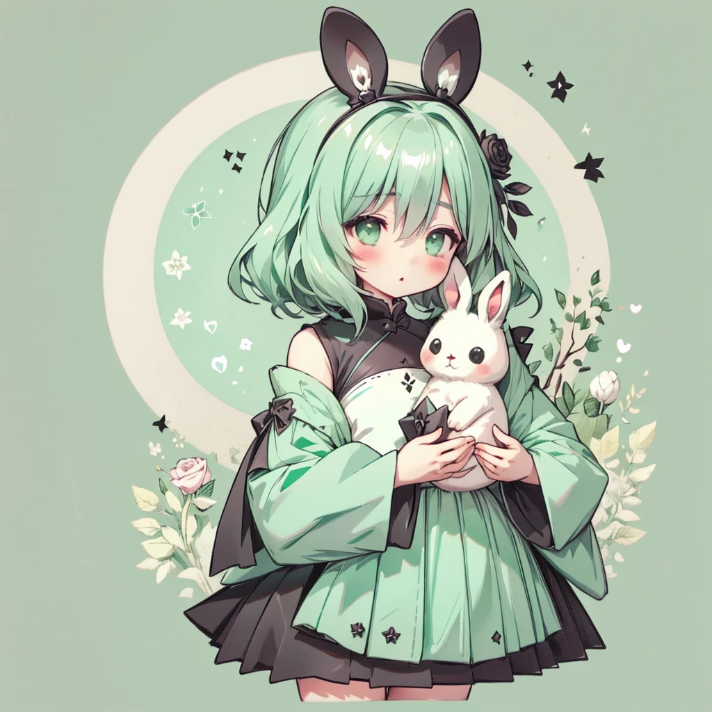 Handsome face、Chibi、Mint Green Background、Black clothes、Long sleeves with flared cuffs、Shoulders are exposed、One-piece flared skirt、A rabbit holding a stuffed toy in one hand、Black and mint green palette、Gothic Shoes、Front facing、Black Rose、🌙、Perfect Anatomy、heart、