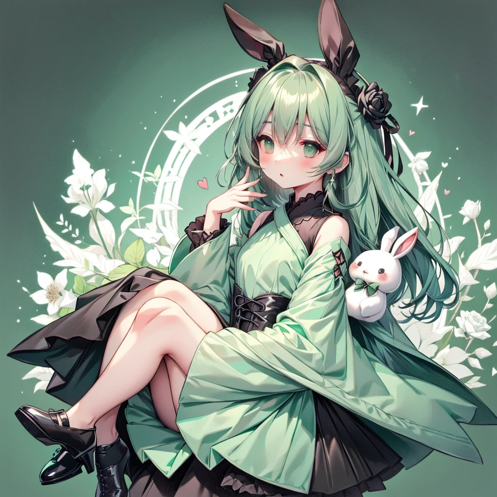 Handsome face、Chibi、Mint Green Background、Black clothes、Long sleeves with flared cuffs、Shoulders are exposed、One-piece flared skirt、A rabbit holding a stuffed toy in one hand、Black and mint green palette、Gothic Shoes、Front facing、Black Rose、🌙、Perfect Anatomy、heart、