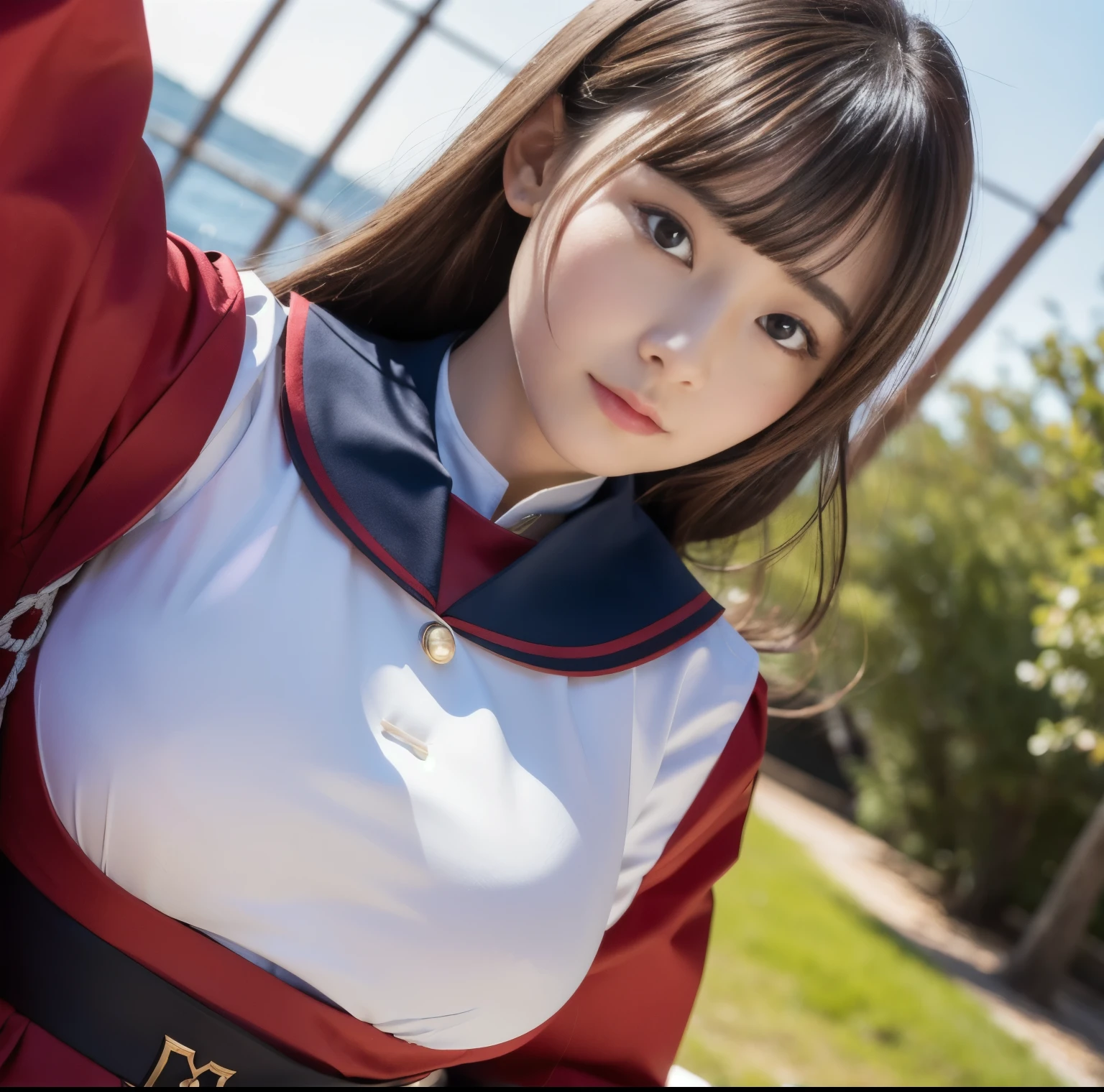 8K quality, Masterpiece, Best Quality, Bright natural light without shadows, Small waistの超爆乳女性が二人いる, (She wears a traditional uniform with a deep crimson sailor collar without any gaps.), (Her super-sized breasts are so big that they&#39;re straining her chest in her uniform:1.2), Whitening skin, Sparkling Blue Eyes, Pleated mini skirt, Above the knee, Small waist, Wide ass, large breasts, skirtlift, female masturbation, Squint your eyes