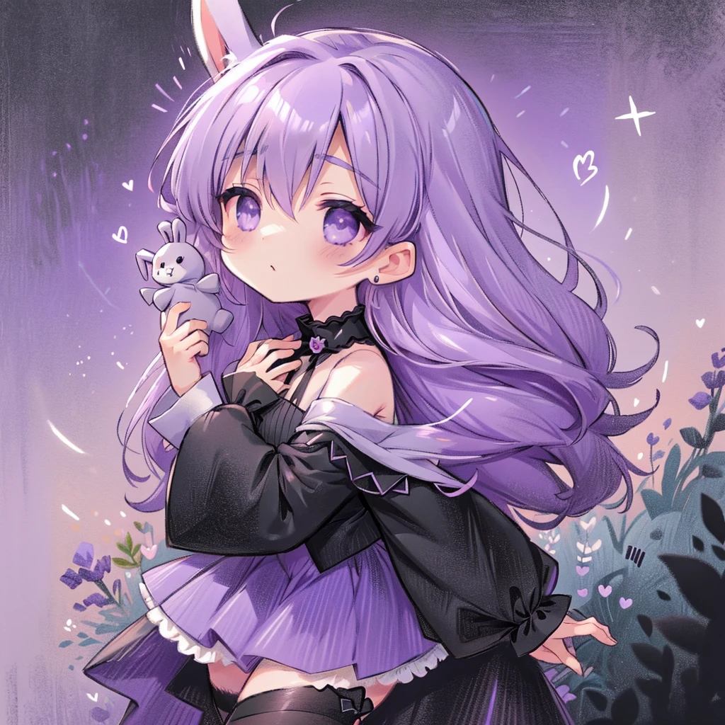 Handsome face、Chibi、Lavender Purple Background、Black clothes、Long sleeves with flared cuffs、Shoulders are exposed、One-piece flared skirt、A rabbit holding a stuffed toy in one hand、Black and lavender purple palette、Gothic Shoes、Front facing、Black Rose、🌙、Perfect Anatomy、heart、Kirakira Eyes,