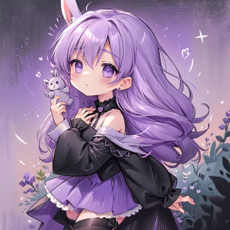 handsome face、chibi、lavender purple background、black clothes、long sleeves with flared cuffs、shoulders are exposed、one-piece flar...