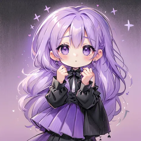 handsome face、chibi、lavender purple background、black clothes、long sleeves with flared cuffs、shoulders are exposed、one-piece flar...