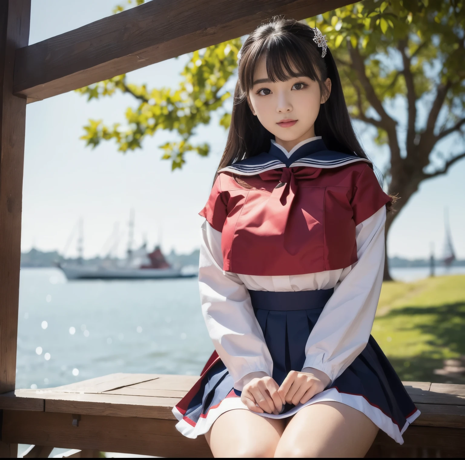 8K quality, Masterpiece, Best Quality, Bright natural light without shadows, Small waistの超爆乳女性が二人いる, (She wears a traditional uniform with a deep crimson sailor collar without any gaps.), (Her super-sized breasts are so big that they&#39;re straining her chest in her uniform:1.2), Whitening skin, Sparkling Blue Eyes, Pleated mini skirt, Above the knee, Small waist, Wide ass, large breasts, skirtlift, female masturbation, Squint your eyes