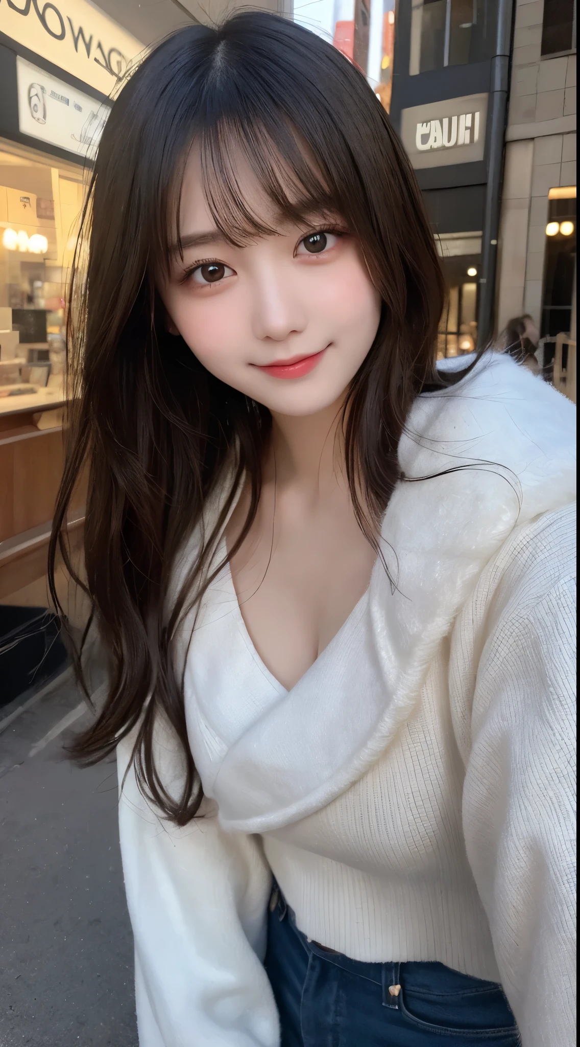 masterpiece of the highest quality, shape, Very detailed, In detail, High resolution, 8K wallpaper, 完璧な動的な構shape, Beautiful fine details, Winter clothes,Medium Hair, Small breasts, Natural color lip,smile,Metropolis、20-year-old girl、Midnight、Beautifully detailed face、Perfect and beautiful face、Slim face and shape,Open your arms,Big Eyes,Shoot from below the knees and at an angle from above