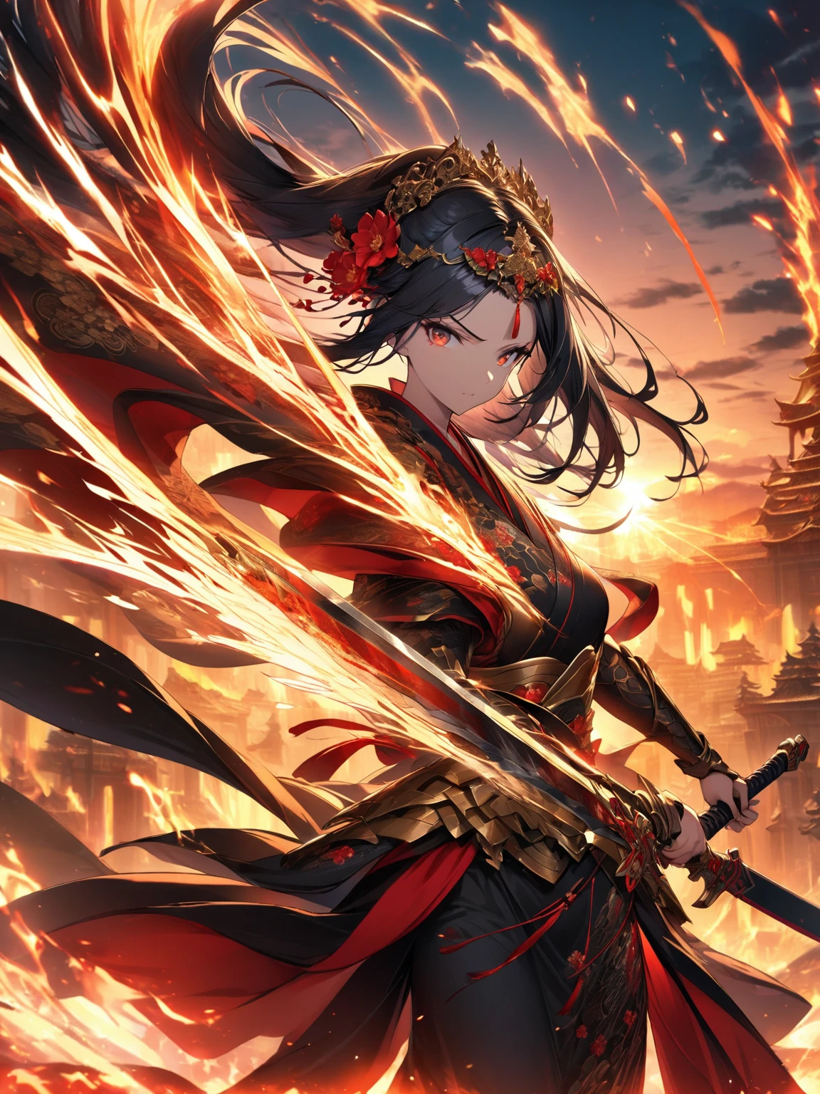 1girl, intricate and elegant long black hair with golden and crimson accents, adorned with elaborate hairpieces of gold and red flowers, fierce yet calm expression, wearing a flowing traditional kimono infused with gold, red, and black tones, detailed with floral embroidery and ornamental designs, holding a blazing golden sword emitting fiery magical energy, light reflecting off the blade, incoming horizontal sword attack stances  in a dramatic, high-fantasy setting, with a radiant sunset sky filled with vibrant hues of red, orange, and blue, dynamic lighting emphasizing her poised, battle-ready stance, glowing magical symbols on her armor, intense and majestic atmosphere, ethereal splashes of energy swirling around her, epic and powerful.