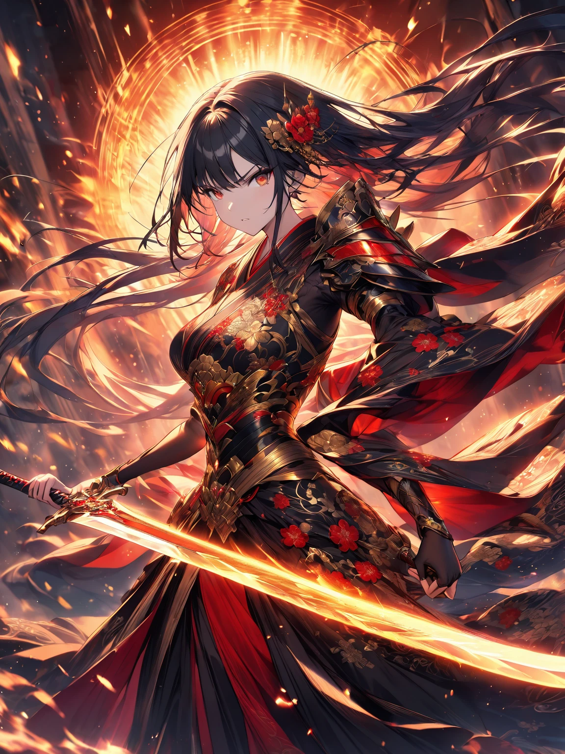 1girl, intricate and elegant long black hair with golden and crimson accents, adorned with elaborate hairpieces of gold and red flowers, fierce yet calm expression, wearing a flowing traditional kimono infused with gold, red, and black tones, detailed with floral embroidery and ornamental designs, holding a blazing golden sword emitting fiery magical energy, light reflecting off the blade, incoming horizontal sword attack stances  in a dramatic, high-fantasy setting, with a radiant sunset sky filled with vibrant hues of red, orange, and blue, dynamic lighting emphasizing her poised, battle-ready stance, glowing magical symbols on her armor, intense and majestic atmosphere, ethereal splashes of energy swirling around her, epic and powerful.