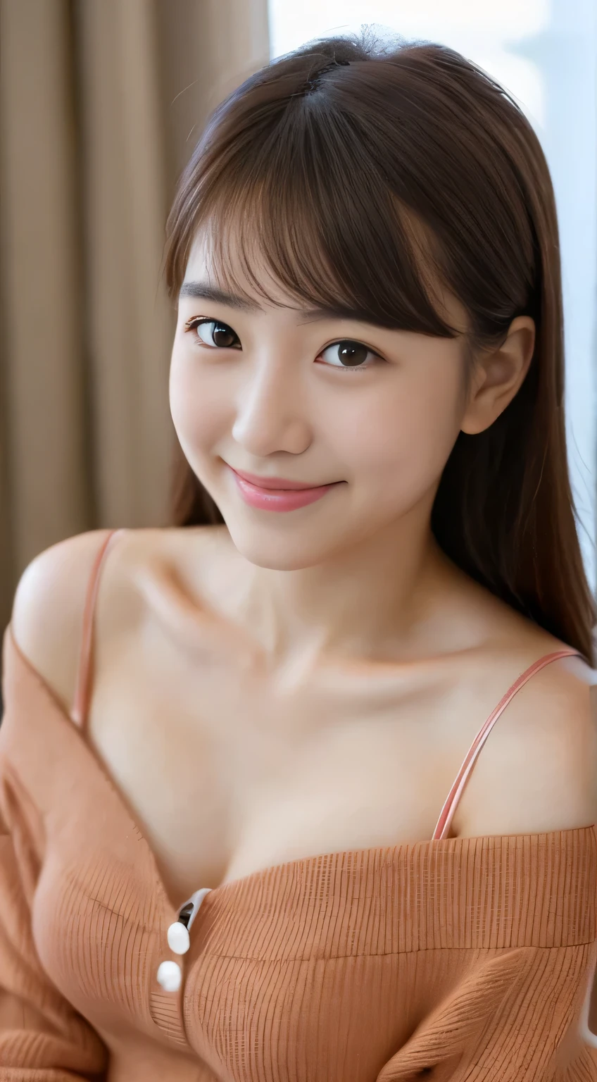 masterpiece,best quality,(Japanese girl),((Beautiful girl)),cleavage,(off shoulder:1.2),(perfect body beauty:1.2),(shy smile),From above