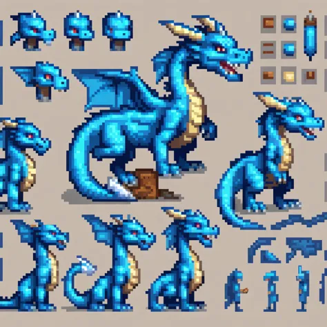 pixel art,pixel art,Creating a character design sheet, Blue Dragon, side, frontal