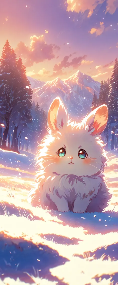 create a close-up, animated illustration of a fluffy baby bunny sitting in a field . emphasize the soft fur, big eyes, and twitc...