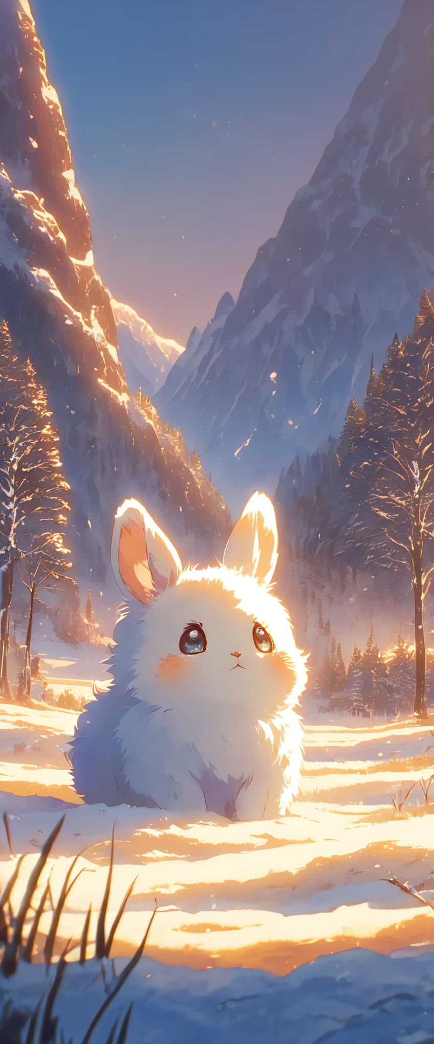 Create a close-up, animated illustration of a fluffy baby bunny sitting in a field . Emphasize the soft fur, big eyes, and twitching nose of the bunny. The background should be a gentle, highlighting the cuteness and innocence of the baby bunny, by makoto shinkai, anime beautiful peace scene, beautiful anime scene, anime background art, anime wallpaper, anime countryside , anime art wallpaper 4 k , anime art wallpaper 4k, beautiful anime scenery, anime art wallpaper 8 k, amazing wallpaper , Winter , Snow , cold ,Forest