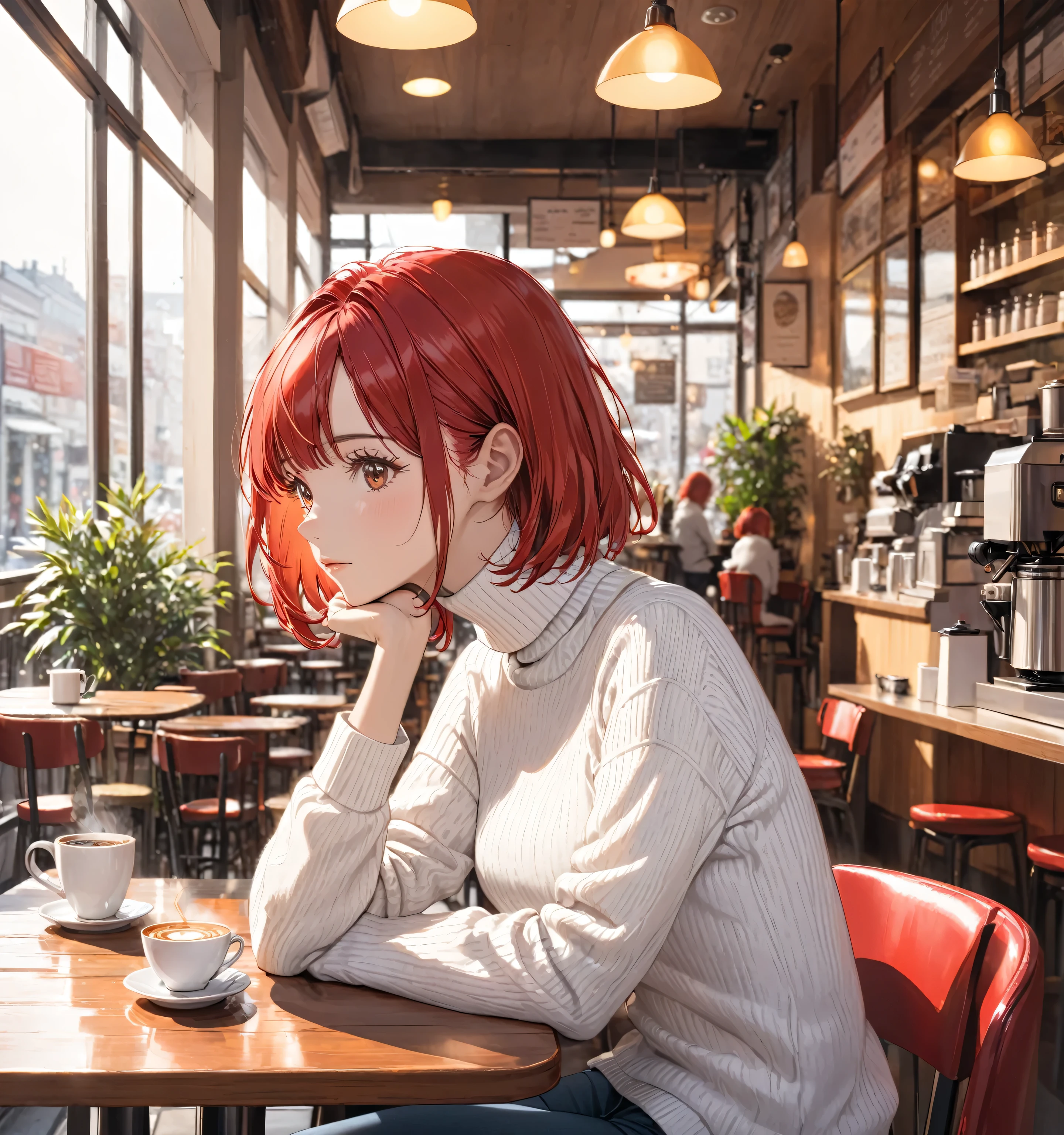 solo woman, red bob hair, white turtleneck sweater, in cafe, waiting coffee, front view