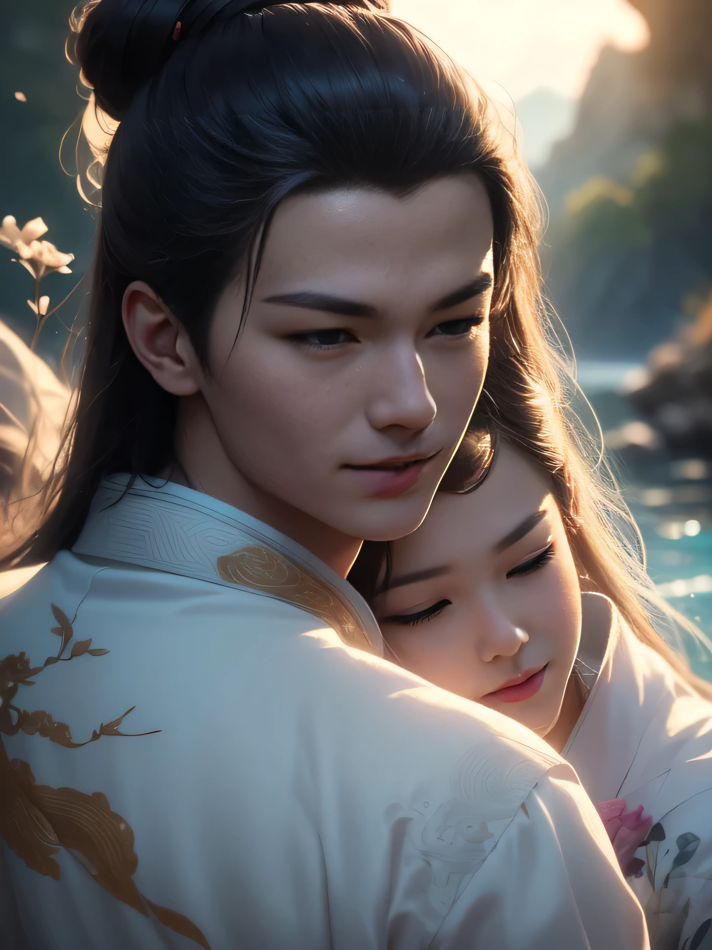 (Best Quality, Super Detail, Masterpiece, Representative Work, Official Art, Professional, Super Fine Detail, 8k:1.3), (photorealism:1.2), (Couple, Beautiful Girl and Boy), A couple in the sea of flowers, Handsome guy hugs beautiful girl from behind, Smiling and Wearing White Clothes, Delicate Hair, Ancient Chinese Beauty and Handsome Man, Wearing Ancient Chinese Clothes, Flowing Tulle, Light Silk, Create a movie poster similar to those used in Chinese romantic fantasy dramas, Perfect face, perfect hands, Sweet atmosphere, Photorealistic, Sharp Focus, Dreamy Atmosphere, Delicate Details, Soft Volumetric Light, (Backlight:1.3), (Cinematic:1.2), Intricate Details, (ArtStation:1.3)