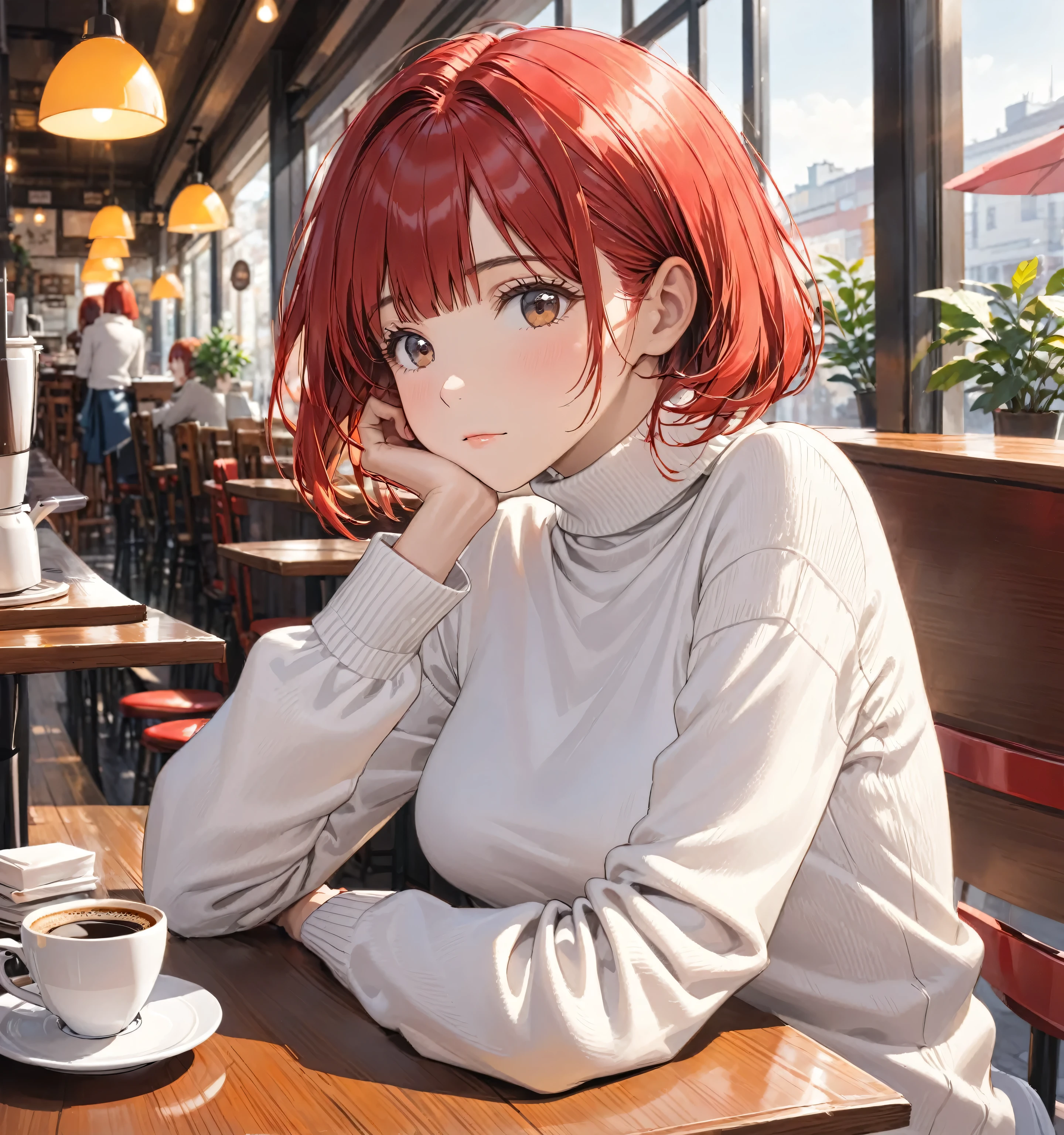 solo woman, red bob hair, white turtleneck sweater, in cafe, waiting coffee, chin on one hand, another hand down table, front view