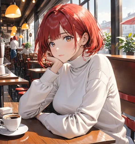 solo woman, red bob hair, white turtleneck sweater, in cafe, waiting coffee, chin on one hand, another hand down table, front vi...