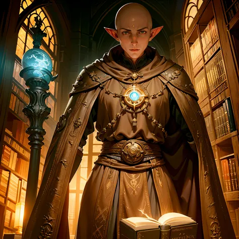 ((ultra detailed, masterpieceabsurdres)) daithorus, one person, alone, bald, pointy ears a dimly lit library filled with ancient...