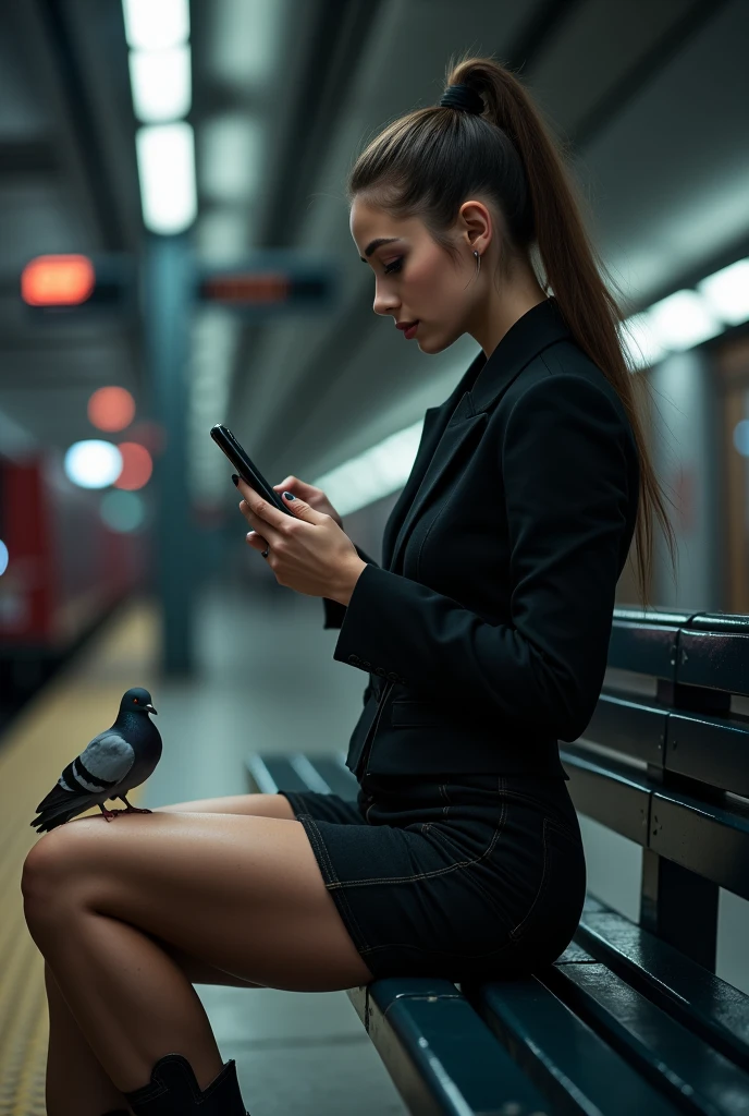 a beautiful girl wearing a black jacket,  wide hips, small waist, checking her phone, pantyhose, high boots, shorts, sitting on a bench in a subway station, artifical lights, with a pigeon in the bench, cinematic, draw, perspective, from the left, profile, masterpiece, best quality,