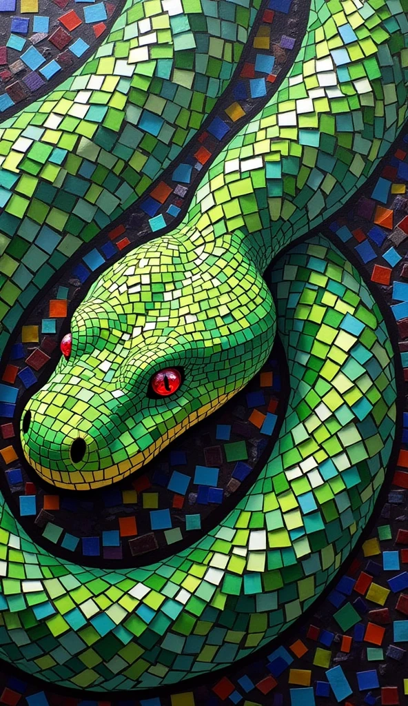 A mixed media mosaic painting using vibrant glass tiles, titled 'Mosaic Mamba'. The striking, visually complex composition features a green snake composed of a mosaic of tessellated tiles. Capture the intricate patterns and shapes that make up the snake's form, creating a captivating interplay of color, texture, and light.