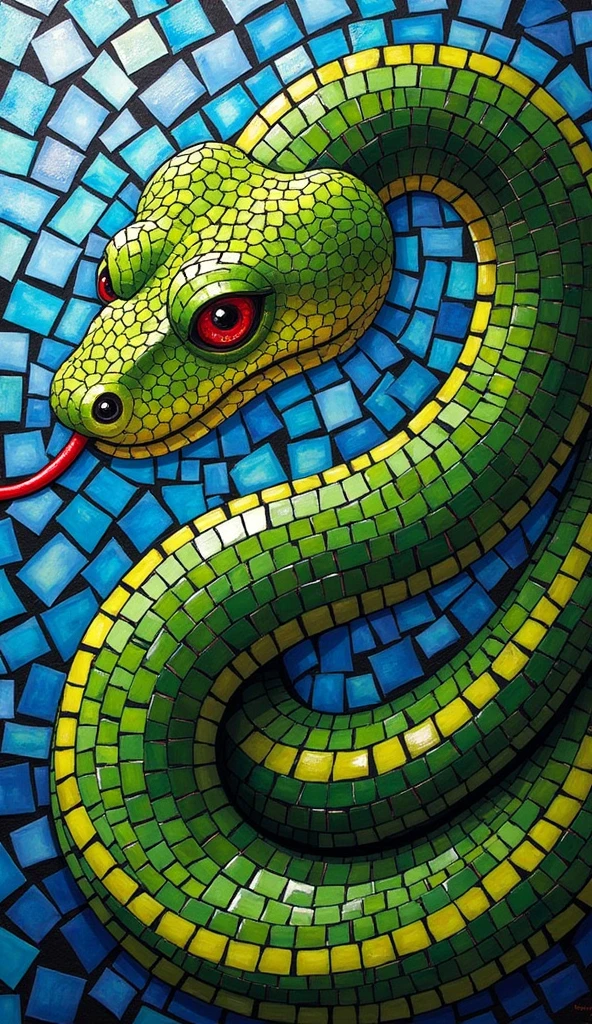 A mixed media mosaic painting using vibrant glass tiles, titled 'Mosaic Mamba'. The striking, visually complex composition features a green snake composed of a mosaic of tessellated tiles. Capture the intricate patterns and shapes that make up the snake's form, creating a captivating interplay of color, texture, and light.