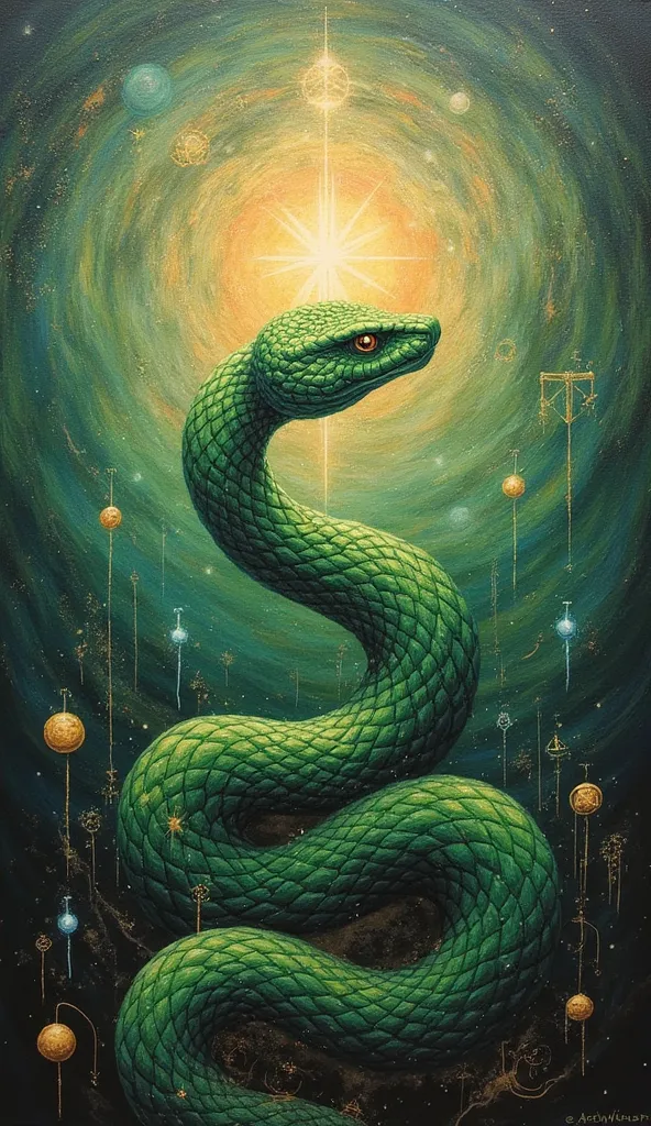 A surreal, symbolic oil painting on linen with mixed media elements, titled 'Alchemical Apotheosis'. Explore the transformative processes of alchemy and spiritual enlightenment, with a green snake as the central figure. Render the hyperrealistic snake emerging from a swirling, ethereal background of alchemical symbols and mystical imagery.