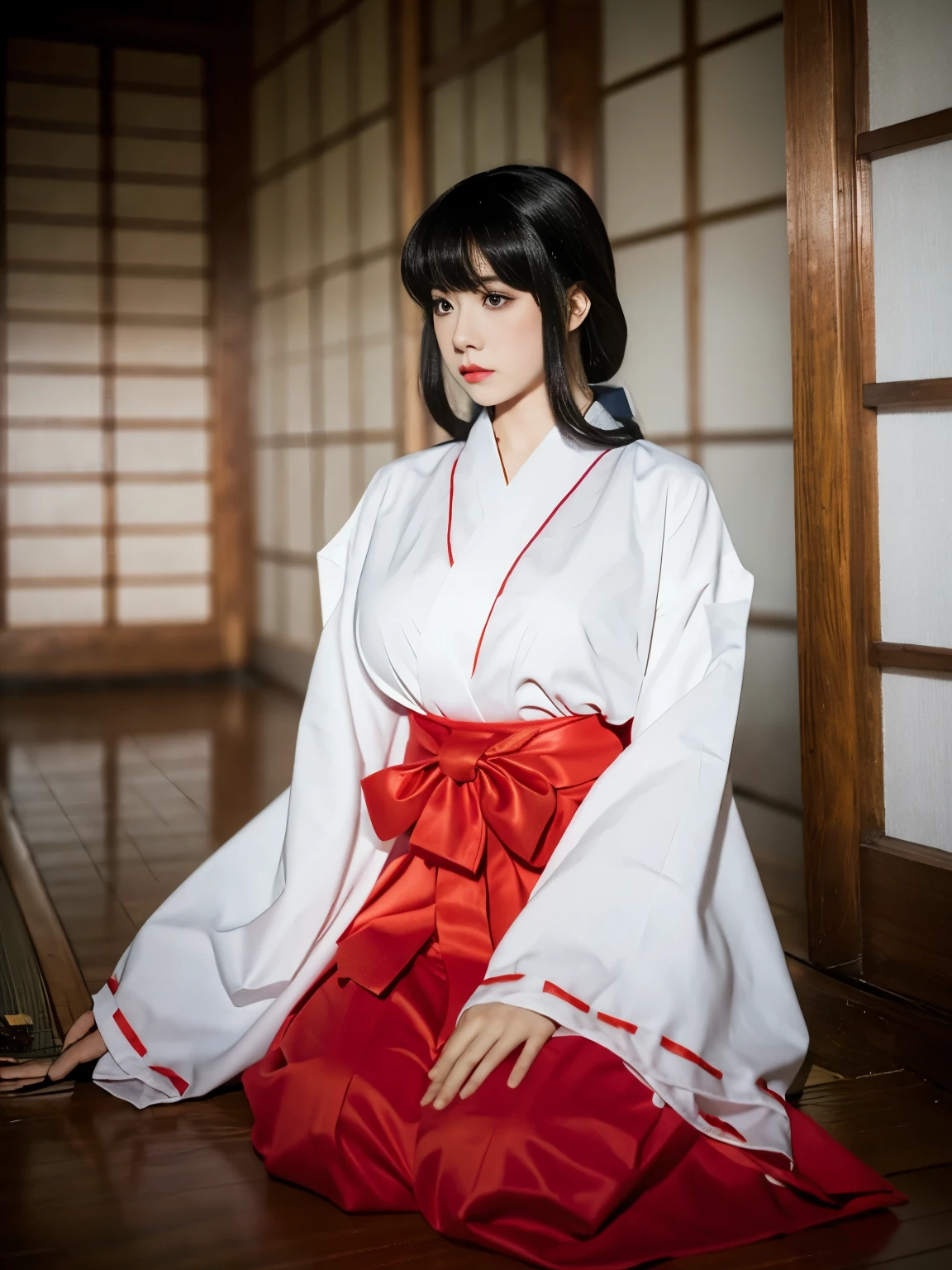 (masterpiece, highest quality), 16K HDR, ultra high resolution, professional lighting, cinematic lighting, perfect RAW photo, 1 girl, alone, long hair, ultra realistic photo of Kikyo Mik, (ultra slim waist, perfect slim body style), (kimono, red hakama, wide sleeves, long sleeves, ribbon-trimmed sleeves), (extremely ultra huge natural breasts:1.25, extremely ultra huge natural cleavages:1.25, extremely ultra huge natural boob:1.25, extremely ultra huge natural tits:1.25), indoors, ultra realistic abandoned Japanese temple, in ultra detailed abandoned Japanese style temple, wooden floor, sitting on floor, close up angle, zoom up angle, (nsfw), front view, look at viewer, 