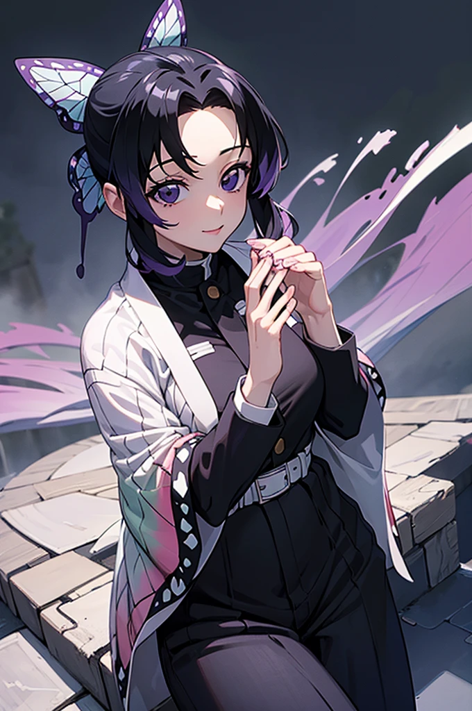 (masterpiece:1.3), (Best Quality:1.1), (8k, ultra detailed, Ultra-high resolution:1.2), ((Anime Style)), Perfect Five Fingers, Perfect Anatomy, 
One girl,
Breaking up short hair, Black Hair, Hair Intake, Gradient Hair, 
Purple eyes, 
[Hair ribbon, butterfly, 
[Large Breasts], 
Blake Black Shirt, Black jumpsuit pants, White Haori, smile, 
looking at viewer, 
Cowboy Shot, 
Perfect light, Outdoor, , Sitting, 