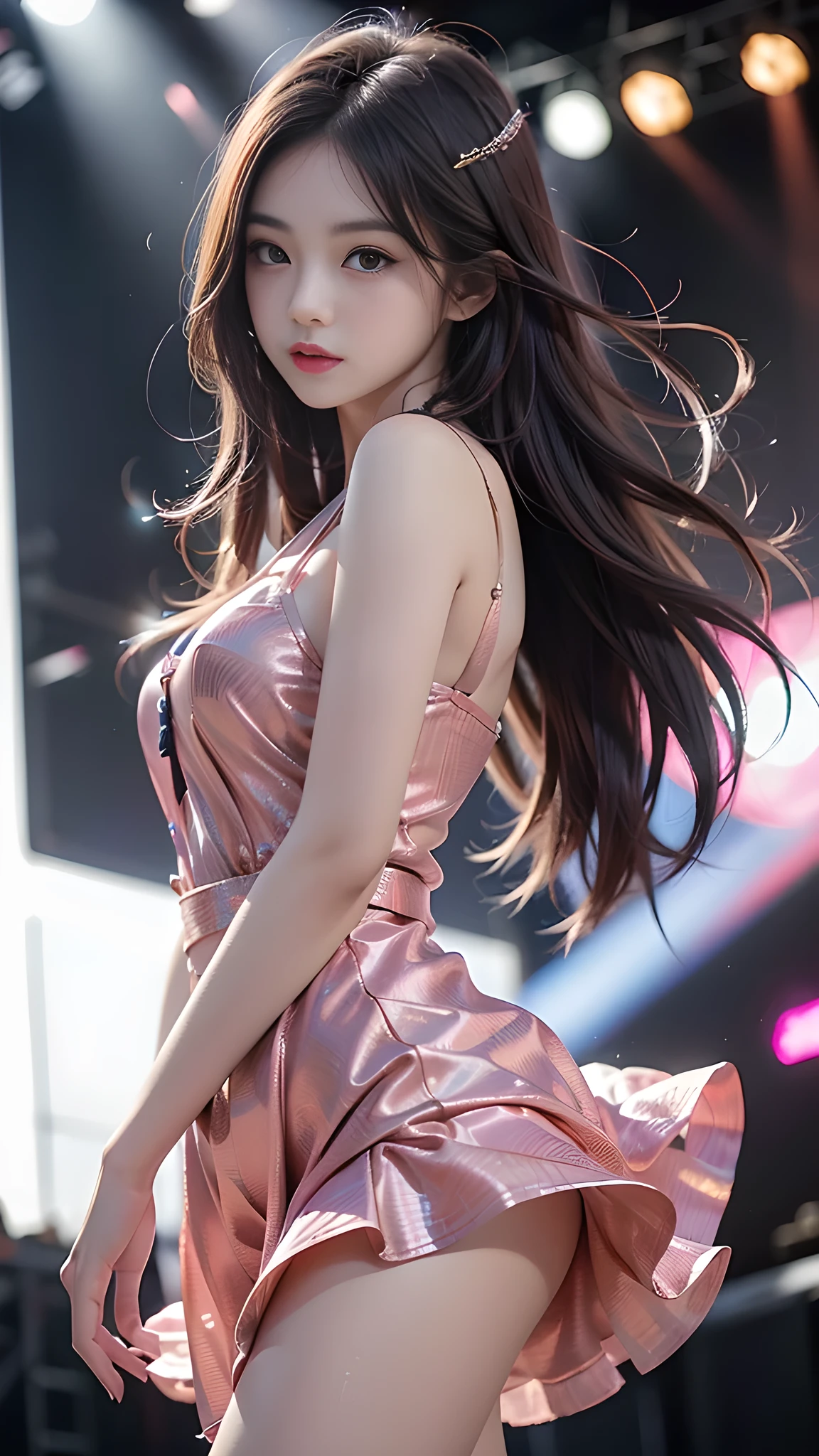 ulzzang-6500-v1.1, (RAW photo: 1.2), (Real photo), (Real photo: 1.4), 1 girl、Perfect anatomy、1、Looking at the camera、Medium length hair、dance dress, ((performing on stage: 1.1))、(Business service)、Asian eyes Ella,