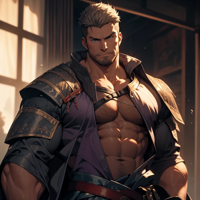 Strong middle-aged samurai, alpha male, Fat muscles, Very detailed face, Detailed eyes, majestic lord, , No clothes on, There is a delicate belt around the waist, muscular chest, Gaze at the viewer, momentum, Bright purple eyes, short white hair, comb your hair to one side, Beards make your face look square, He is very serious, Wonderful and detailed masterpiece, Beautiful cinematic light deep focus, chic, digital painting, Smooth ass, sharp focus, Golden Ratio Dramatic Lighting, pectoralis major,More chest hair【8k, Pixiv, only