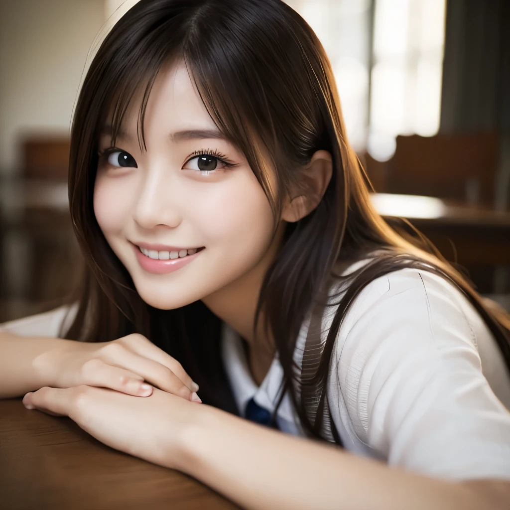 Beautiful Japanese women、Looking straight here、Healthy Smile、Big Eyes、White and beautiful skin、Dark Eyes、An image of hands stretched out、1 high school girl