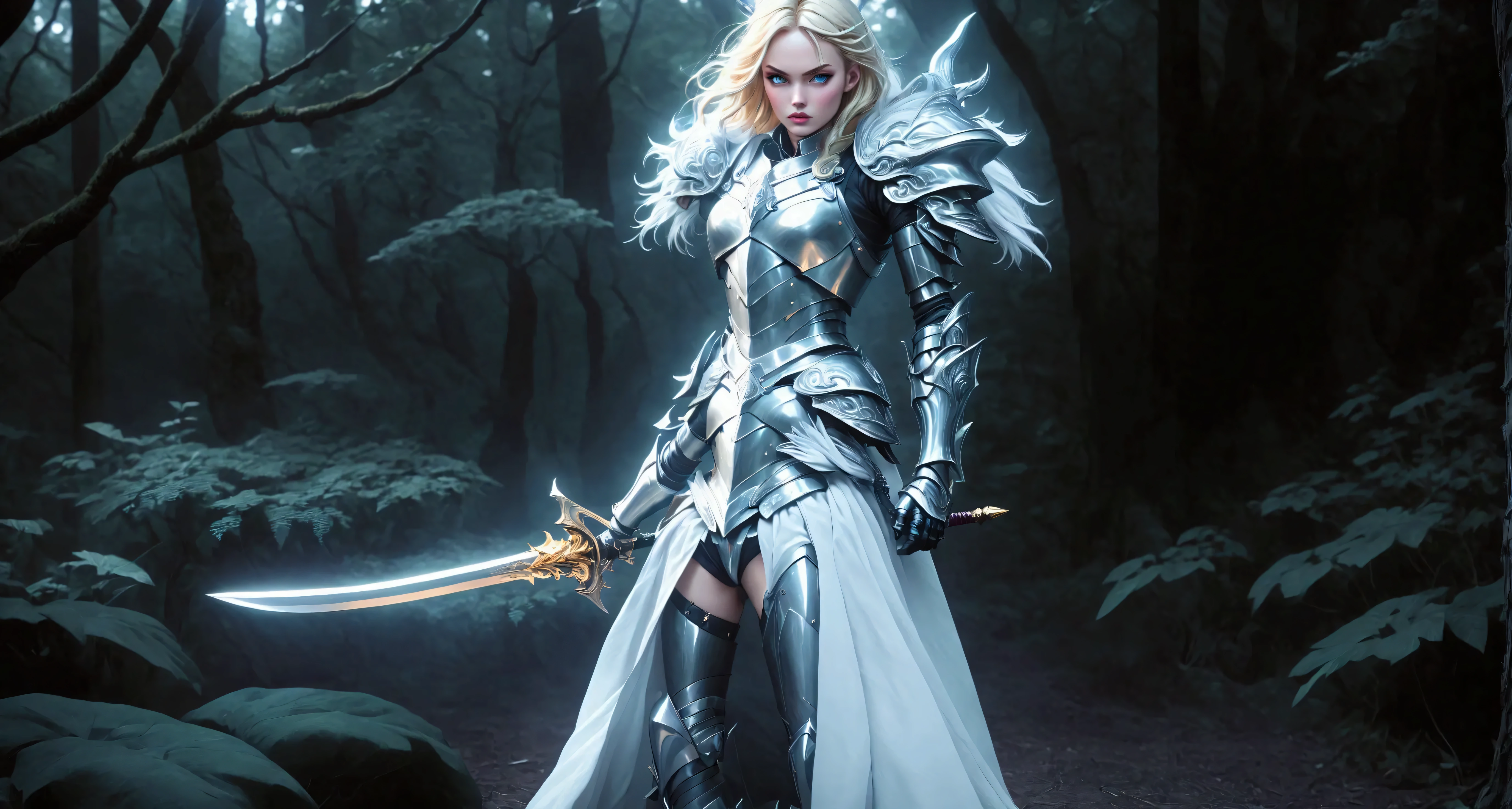 blond woman,megan fox look,  in armor with sword in forest with trees, of a beautiful female knight, beautiful female knight, dressed in light armor, fantasy paladin woman, girl in knight armor, with sleek silver armor, female knight, gorgeous female paladin, angel knight girl, fantasy warrior, a fantasy warrior, wearing fantasy armor, very stylish fantasy armor, elf knight