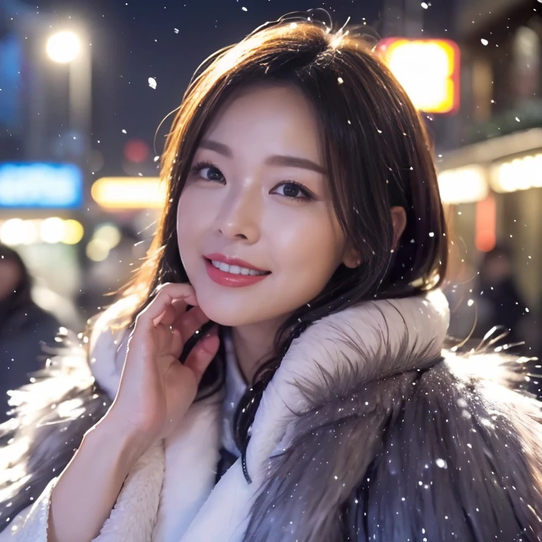 ((Best Quality、Tabletop、8k、Highest quality、Award-winning works))、A beautiful mature woman、4. Mature Women、Look at me and smile、(Face close-up:1.4)、(Clevis:1.1)、(Big Breasts:1.1)、(A perfect and elegant thick fur coat:1.3)、Spectacular Cinema Lighting、(Romantic affection:1.2)、(The most romantic and emotional atmosphere:1.2)、(Winter City:1.1)、Snow scene in the city:1.1)、(The snow in the air sparkles finely:1.2)、(that&#39;that&#39;Heavy snow is falling:1.1)、(Tyndall effect:1.1)、(Snowy city night view:1.5)、Glowing Beautiful Skin、(Accurate anatomy:1.1)、Beautiful faces in ultra-high definition、Long eyelashes、Natural Makeup、Ultra HD Hair、Ultra-high resolution eyes、(超高解像度でGlowing Beautiful Skin:1.1)、Ultra High Resolution Gloss Lip、Glowing Beautiful Skin