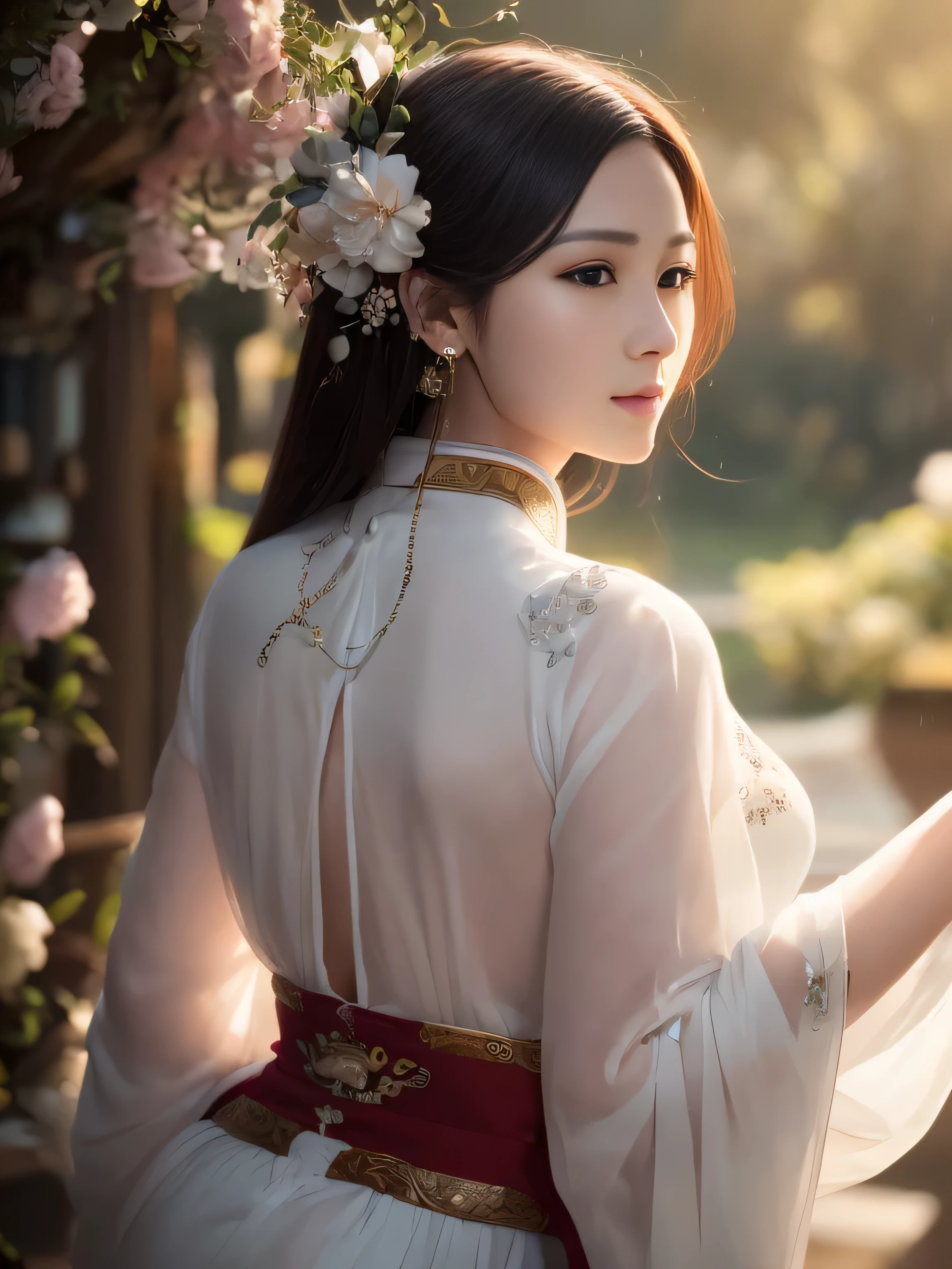 (Best Quality, Super Detail, Masterpiece, Representative Work, Official Art, Professional, Super Fine Detail, 8k:1.3), (photorealism:1.2), (Couple, Beautiful Girl and Boy), A couple in the sea of flowers, Handsome guy hugs beautiful girl from behind, Smiling and Wearing White Clothes, Delicate Hair, Ancient Chinese Beauty and Handsome Man, Wearing Ancient Chinese Clothes, Flowing Tulle, Light Silk, Create a movie poster similar to those used in Chinese romantic fantasy dramas, Correct proportions, Perfect face, perfect hands, Sweet atmosphere, Photorealistic, Sharp Focus, Dreamy Atmosphere, Delicate Details, Soft Volumetric Light, (Backlight:1.3), (Cinematic:1.2), Intricate Details, (ArtStation:1.3)