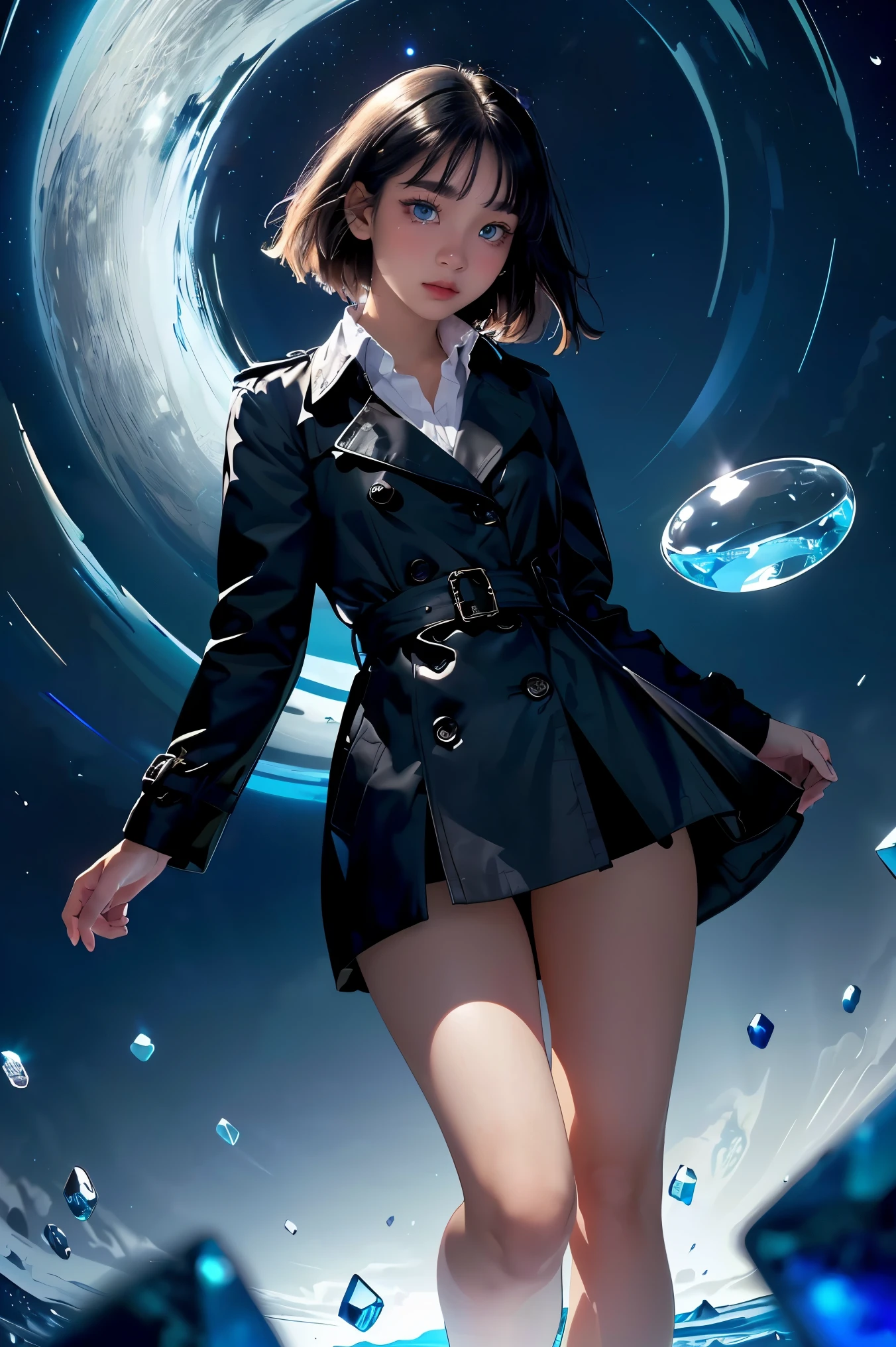 (best quality, masterpiece),(1girl, trench coat,expression face, blue eyes, looking at viewer, black hair, closed mouth, dress shirt, black skirt, hand at viewer), (less blue light, swrling many blue glass pieces behind, floating objects, night sky)