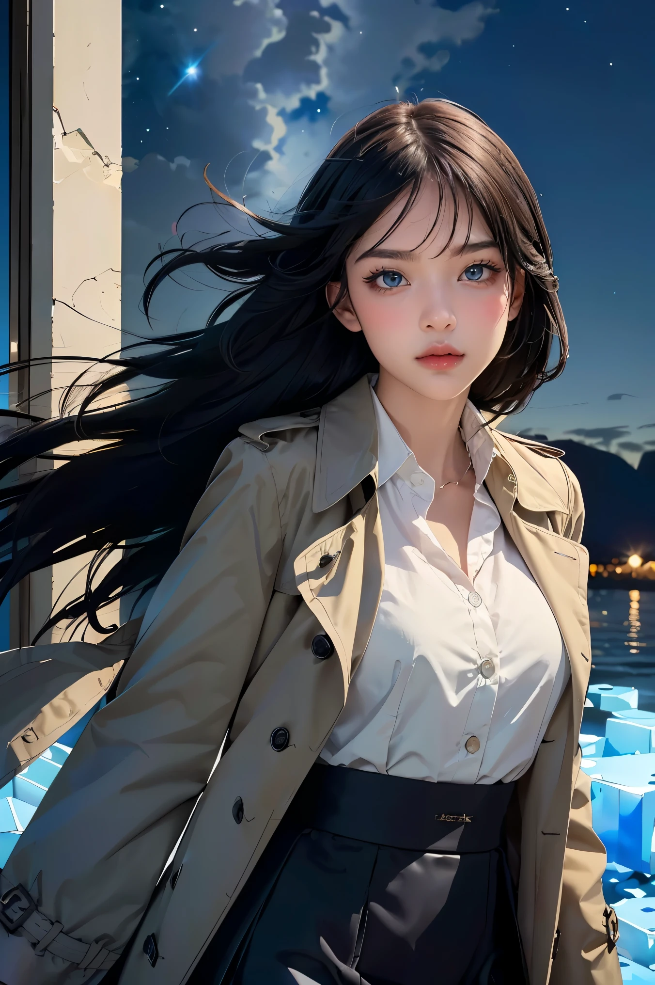 (best quality, masterpiece),(1girl, trench coat,expression face, blue eyes, looking at viewer, black hair, closed mouth, dress shirt, black skirt, hand at viewer), (less blue light, swrling many blue glass pieces behind, floating objects, night sky)