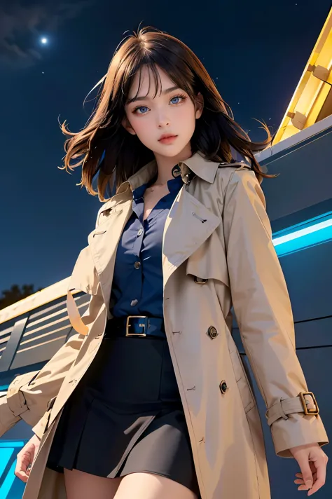 (best quality, masterpiece),(1girl, trench coat,expression face, blue eyes, looking at viewer, black hair, closed mouth, dress s...