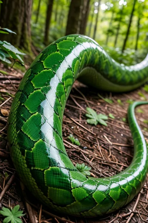 Green Snake. A giant green snake. A green Snake in the forest.