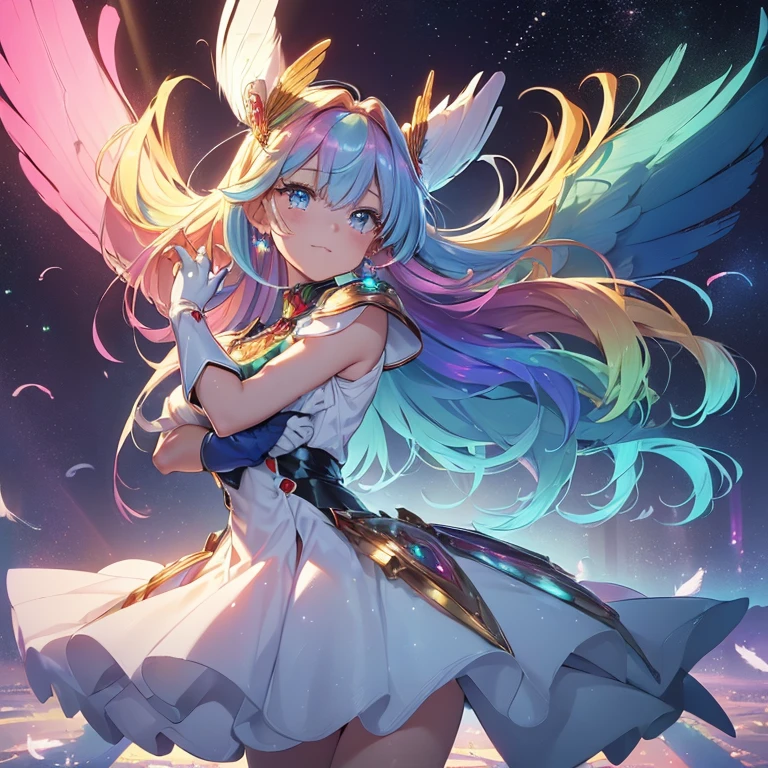 (a bit: 1.2), (masterpiece: 1.4), (Best Quality: 1.4), (She is fused with a Gundam mecha from the future.:1.4), (Very cute angel girl, Ultra detailed face, Jewel-like eyes, White very long hair, Colorful gradient hair: 1.4),Put on head gear, With V-fin ,Mechanical Wings, (whole body:1.5, Two perfect arms, Perfect two legs: 1.4), (Four perfect fingers: ), Light, Shine, Bokeh, Super Fine, Watching the audience,Focus on the eyes　star,Wide viewing angle,Low angle,彗star,milky way,((Archangel　Fantasy　Rainbow Hair　Dye the inside of your hair rainbow colors　Twin tails　Dull blue eyes))　((Has a galaxy　Uniform　Put on a coat without putting your arms through it))　(((Wings many times larger than mine　Rainbow gradient feathers　Glass Feather)))　Pillar of Light　Cyberpunk　Smiling Kindly　Front　Low Angle))　((tears　gloves))　(Broken glass　Rolling Pebble　Distorted Space-Time　star)　Catching the Wind　milky way　Shine背景　Particles of light　Iridescent Edge　Shineエッジ　star,Wide viewing angle,High Position,彗star,milky way,Watching from a distance,Blue snake hair accessory,Blue snake figurine,blue snake earrings