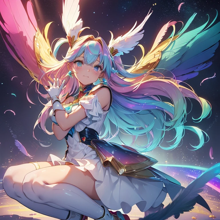 (a bit: 1.2), (masterpiece: 1.4), (Best Quality: 1.4), (She is fused with a Gundam mecha from the future.:1.4), (Very cute angel girl, Ultra detailed face, Jewel-like eyes, White very long hair, Colorful gradient hair: 1.4),Put on head gear, With V-fin ,Mechanical Wings, (whole body:1.5, Two perfect arms, Perfect two legs: 1.4), (Four perfect fingers: ), Light, Shine, Bokeh, Super Fine, Watching the audience,Focus on the eyes　star,Wide viewing angle,Low angle,彗star,milky way,((Archangel　Fantasy　Rainbow Hair　Dye the inside of your hair rainbow colors　Twin tails　Dull blue eyes))　((Has a galaxy　Uniform　Put on a coat without putting your arms through it))　(((Wings many times larger than mine　Rainbow gradient feathers　Glass Feather)))　Pillar of Light　Cyberpunk　Smiling Kindly　Front　Low Angle))　((tears　gloves))　(Broken glass　Rolling Pebble　Distorted Space-Time　star)　Catching the Wind　milky way　Shine背景　Particles of light　Iridescent Edge　Shineエッジ　star,Wide viewing angle,High Position,彗star,milky way,Watching from a distance,Blue snake hair accessory,Blue snake figurine,blue snake earrings.White short boots