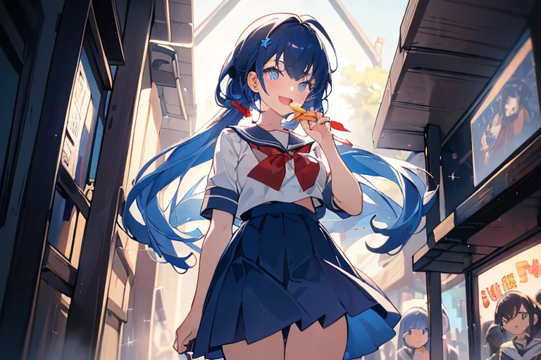 (from below:1.2),(((beautiful detailed)))、(cute face:1.2)1girl, A girl stuffing her face with french fries, Girl crying while eating a pile of french fries, light Navy blue hair, blue eyes, A short-sleeved white shirt with four vertical bow ties, hard areolas, protruding areolas,Ahoge, long bob cut with fluffy hair(sharp lines:1.2)(clear line:1.2)(eye details:1.3)(thick border:1.4), limited palette((masterpiece, high quality, best quality))(low contrast: 0.5),Anna yanami, blue hair, blue eyes, school uniform, makeine, too many losing heroines,Anna yanami,((the tip is protruding, areolas protruding, blue hair, blue eyes, school uniform, makeine, too many losing heroines,narrow waist,(with sparkling eyes and a contagious smile), open mouth, looking at viewer, 