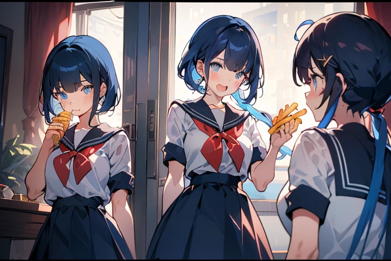 (from below:1.2),(((beautiful detailed)))、(cute face:1.2)1girl, A girl stuffing her face with french fries, Girl crying while eating a pile of french fries, light Navy blue hair, blue eyes, A short-sleeved white shirt with four vertical bow ties, hard areolas, protruding areolas,Ahoge, long bob cut with fluffy hair(sharp lines:1.2)(clear line:1.2)(eye details:1.3)(thick border:1.4), limited palette((masterpiece, high quality, best quality))(low contrast: 0.5),Anna yanami, blue hair, blue eyes, school uniform, makeine, too many losing heroines,Anna yanami,((the tip is protruding, areolas protruding, blue hair, blue eyes, school uniform, makeine, too many losing heroines,narrow waist,(with sparkling eyes and a contagious smile), open mouth, looking at viewer, 