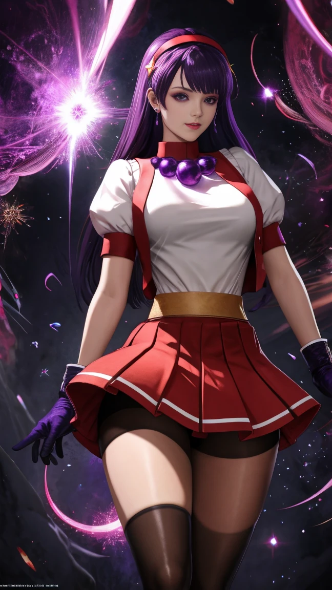 hair band, long hair, purple hair, gloves, gloves sem dedos, purple eyes, hair band vermelha, jewelry, star, (symbol), hair ornament, pantyhose, skirt, hair ornament de star, breasts, toys, vest, short sleeves, collar, skirt vermelha, fringe, breasts grandes, gloves vermelhas, puff sleeves, shirt, shirt branca, (Computer Generated Images) e VFX (Visual Effect) highlights the intricate anatomical features in a perfect way. sfx, complement visual art, immersing the viewer. The level of detail is inspiring, with intricate elements meticulously crafted, Volumetric effects add depth and dimension, and the photorealism is unmatched. The image is rendered in 8K resolution, ensuring super detailed visuals. Volumetric lightning adds a touch of magic, highlighting your beauty and aura in a supernatural way. A tecnologia High Dynamic Range (HDR) makes the cores stand out, adding richness to the overall composition. Finally, this art presents an unreal portrait.