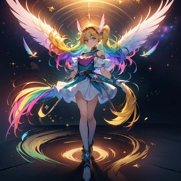 Colorful gradient hair: 1.4),Put on head gear, With V-fin ,Mechanical Wings, (whole body:1.5, Two perfect arms, Perfect two legs: 1.4), (Four perfect fingers: ), Light, Shine, Bokeh, Super Fine, Watching the audience,Focus on the eyes　star,Wide viewing angle,Low angle,彗star,milky way,((Archangel　Fantasy　Rainbow Hair　Dye the inside of your hair rainbow colors　Twin tails　Dull blue eyes))　((Has a galaxy　Uniform　Put on a coat without putting your arms through it))　(((Wings many times larger than mine　Rainbow gradient feathers　Glass Feather)))　Pillar of Light　Cyberpunk　Smiling Kindly　Front　Low Angle))　((tears　gloves))　(Broken glass　Rolling Pebble　Distorted Space-Time　star)　Catching the Wind　milky way　Shine背景　Particles of light　Iridescent Edge　Shineエッジ　star,Wide viewing angle,High Position,彗star,milky way,Watching from a distance,Blue snake hair accessory,White short boots,Swirled blue snake pattern,Little cute girl, Focus Only, (White background:1.3), whole body, Standing, Cute Dresses, Peace sign,