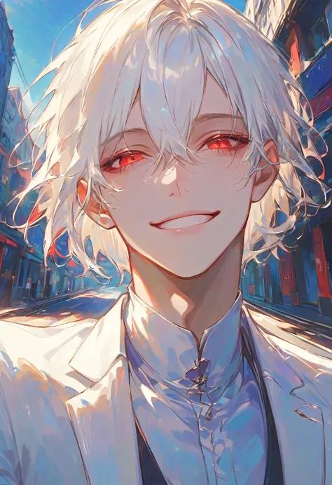 materpiece,1male,gentle,white hair,short hair,hair between eyes,red eyes,laughs with eyes,smile,closed mouth,white suit,white dr...