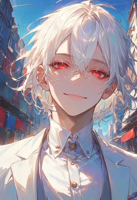 materpiece,1male,gentle,white hair,short hair,hair between eyes,red eyes,laughs with eyes,closed mouth,white suit,white dress sh...