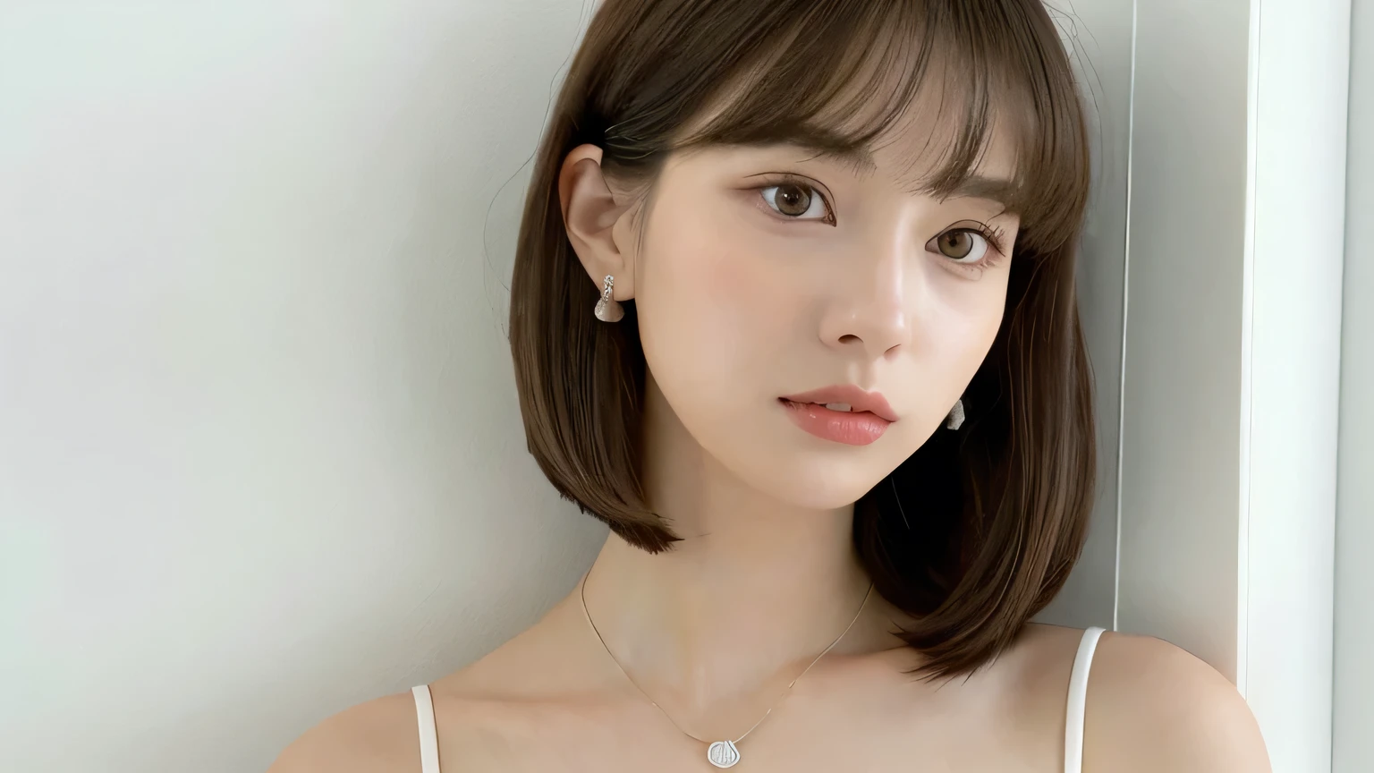 wearing a white shirt, Shoulder-length hair,Layered Cut、Shoulder - Length hair, Medium length hair, Curtain bang, Medium Hair, with short hair, Princess Cut, Shoulder-length hair, White princess cut hairstyle, Korean symmetrical face, short～Medium Hair, Shoulder - Length, A close-up of a brown-haired woman with a sleek hairstyle with bangs、White wall、In front of the white door、((White wall room with window))、Mr..々Pause、Simple Necklace、Don&#39;Don&#39;Don&#39;t look at the camera