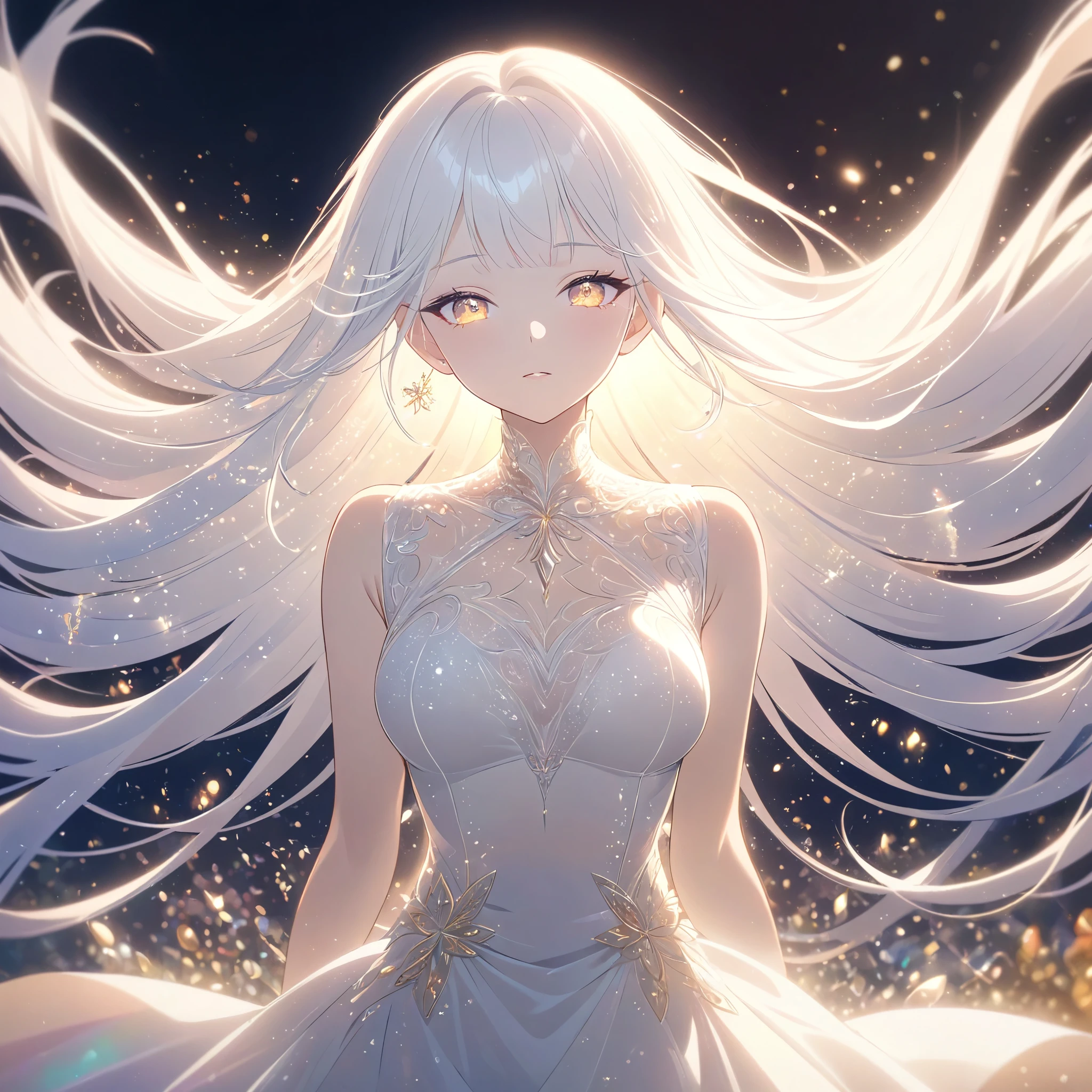 high quality, A fairy falling from the sky, translucent with multicolored glitters, white dress, symmetrical face, golden hour, soft, focused, highly detailed,dramatic lighting, elegant, intricate,very long white hair