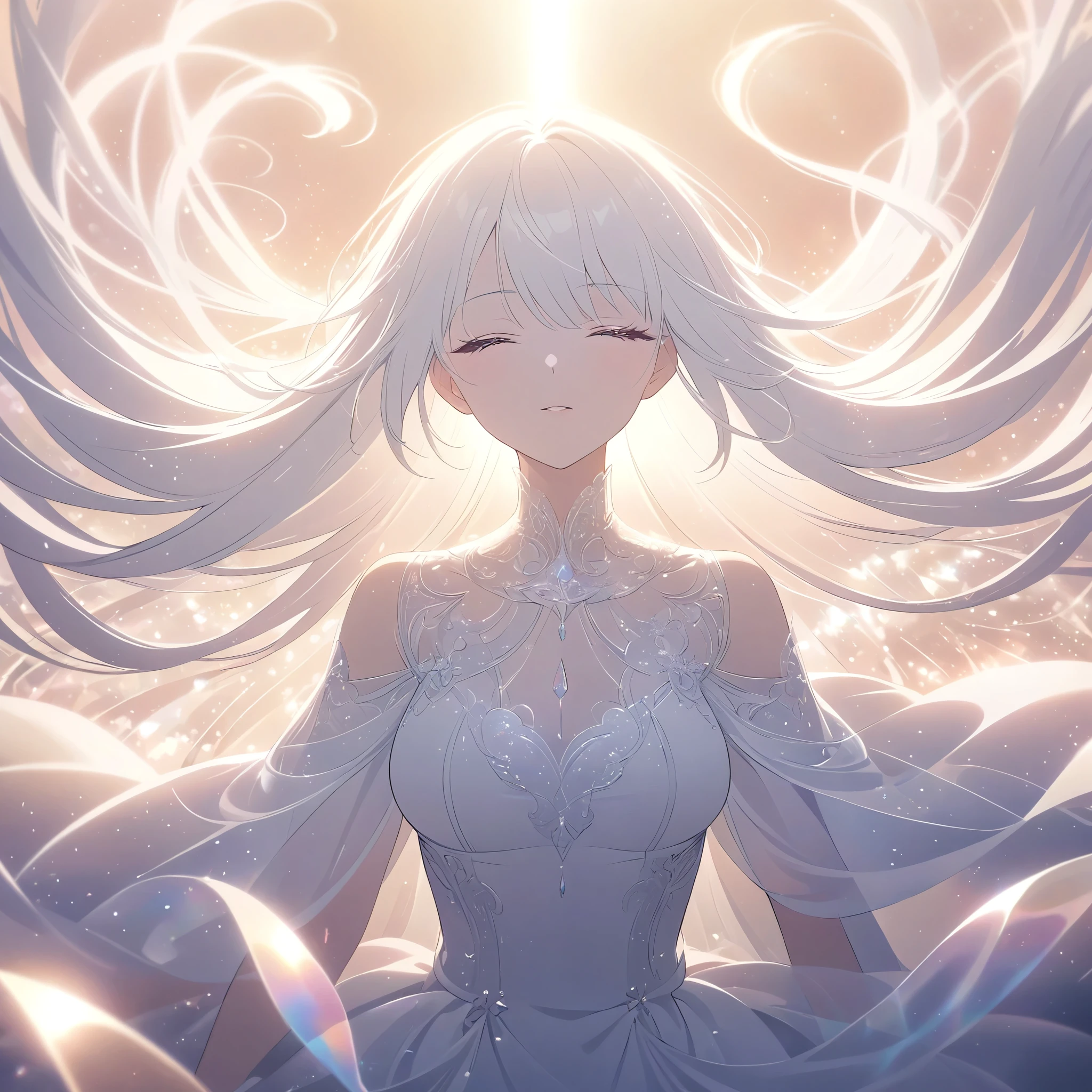 A beautiful young woman with long white hair falling gracefully from the sky, wearing a flowing white dress with a symmetrical, highly detailed face, surrounded by translucent multicolored glitters in a soft, dreamy, and dramatic lighting at golden hour, elegant and intricate.