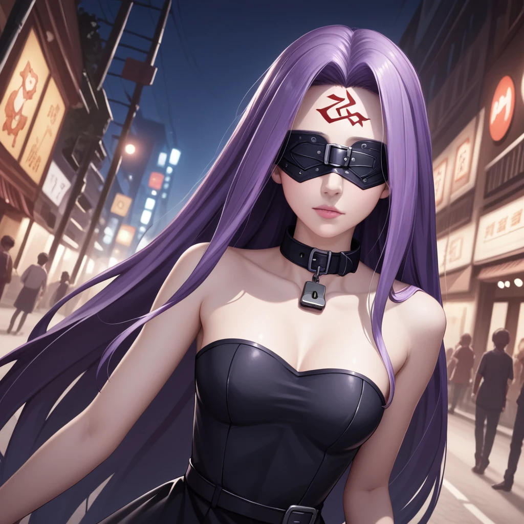 Medasa Rider, Ride Medusa, Long Hair, very Long Hair, Purple Hair, Facial marks, Forehead mark Taihai, dress, Clevis, Shoulder, Sleeveless, black dress, collar, Strapless, Strapless dress, Blindfold, forward leaning posture, 8k, ((Mastepiece)),(((Best Quality))),((Super detailed)),((((Realism)))), Photorealistic:1.37, (Ultra-realistic), (Illustration), (High resolution), (Very detailed), (最高のIllustration), (Super detailed細壁紙), (Detail face), (Beautiful expression), ((詳細 Best Qualityのスキン:1.2)), ((Moist skin)), ((Super detailed細な背景, Detailed background, Harbour Street, Dark Night, Jump over the city, Dynamic posing)), Dutch Angle, looking at viewer, Combat Ready, lock blade, connection lock, knife